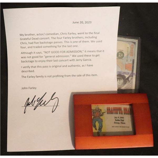 CHRIS FARLEY WORN GRATEFUL DEAD BACK STAGE PASS TO FINAL SHOW FRAMED