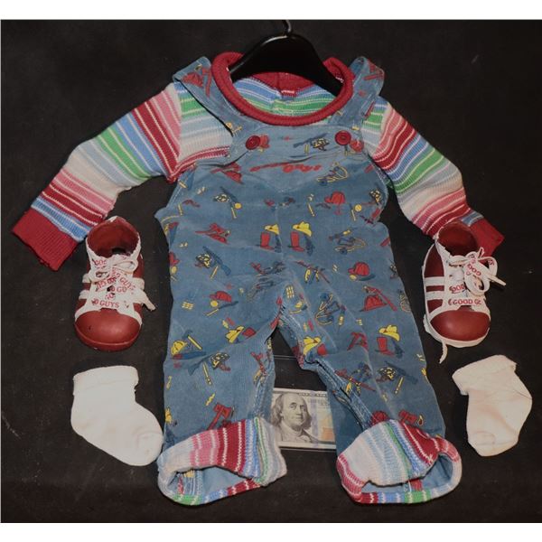 CHUCKY CURSE OF COMPLETE HERO PUPPET WORN WARDROBE SCREEN MATCHED WITH SEED SHOES