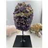 Image 1 : 12 X 5.3 INCH  AMETHYST WITH ORANGE CALCITE  CRYSTAL ON STAND UNIQUE FORMATION  HIGH GRADE