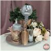 Image 1 : DECORATIONS : Silver Tray w/Silk Flowers, Hand Sanitizer Container, Candle, Vase, etc