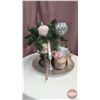 Image 2 : DECORATIONS : Silver Tray w/Silk Flowers, Hand Sanitizer Container, Candle, Vase, etc