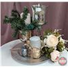 Image 1 : DECORATIONS : Silver Tray w/Silk Flowers, Hand Sanitizer Container, Candle, Vase, etc