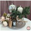 Image 1 : DECORATIONS : Silver Tray w/Silk Flowers, Hand Sanitizer Container, Candle, Vase, etc