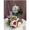 Image 2 : DECORATIONS : Silver Tray w/Silk Flowers, Hand Sanitizer Container, Candle, Vase, etc