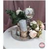 Image 3 : DECORATIONS : Silver Tray w/Silk Flowers, Hand Sanitizer Container, Candle, Vase, etc