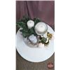 Image 4 : DECORATIONS : Silver Tray w/Silk Flowers, Hand Sanitizer Container, Candle, Vase, etc