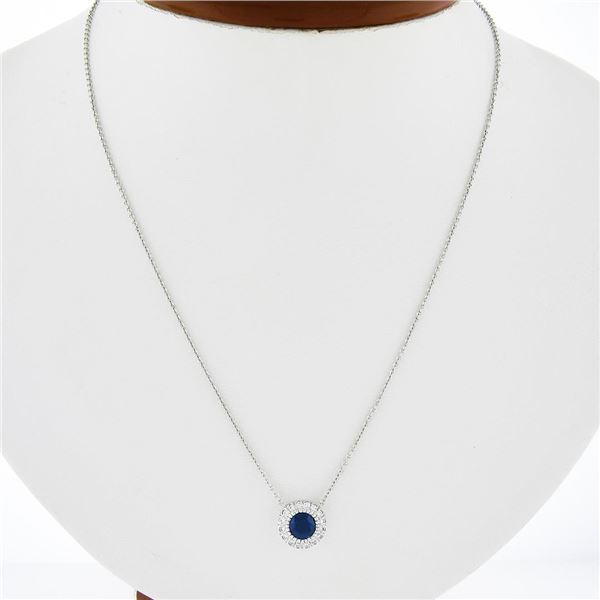 NEW 14K White Gold 1.07 ctw Round Sapphire & Diamond Halo Pendant Chain Necklace