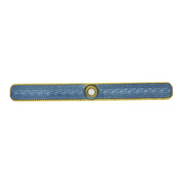 Antique Art Nouveau 14k Gold Seed Pearl & Blue Enamel Textured Bar Pin Brooch