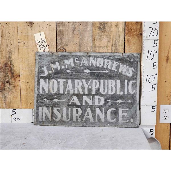 Vintage J.M. McAndrews Notary Public & Insurance Tin Sign