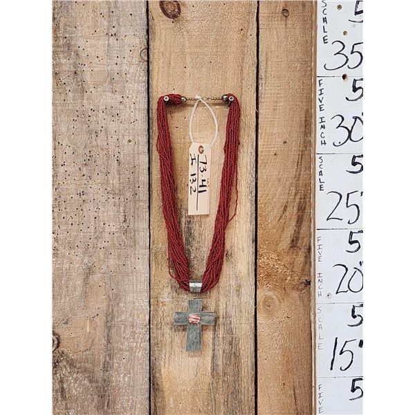 Native American Coral Seed Beaded Santo Domingo Necklas With Silver Cross Pendant