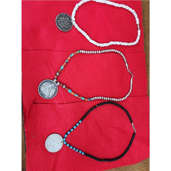 3 Native American Style Silver Dollar Necklaces