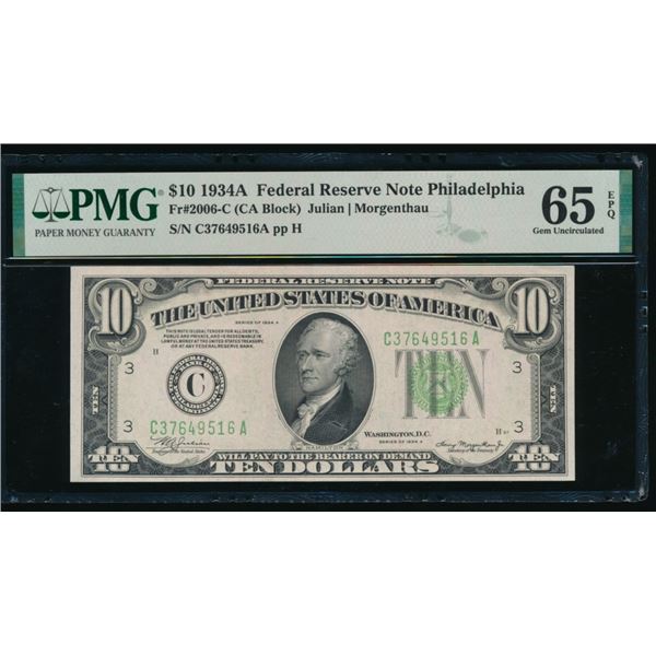1934A $10 Philadelphia FRN PMG 65EPQ