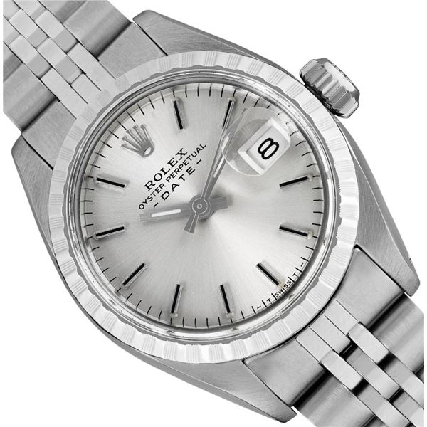 Rolex Ladies Stainless Steel Engine Turn Bezel Date Watch