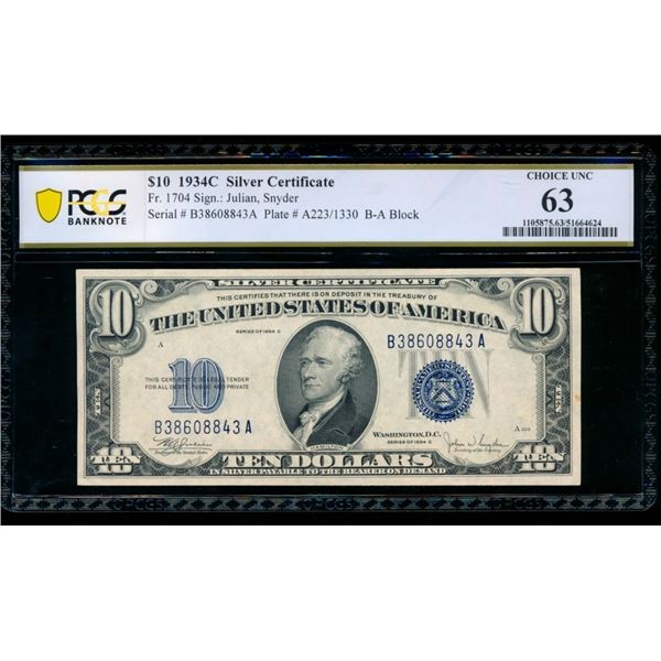 1934C $10 Silver Certificate PCGS 63