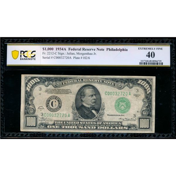 1934A $1000 Philadelphia FRN PCGS 40