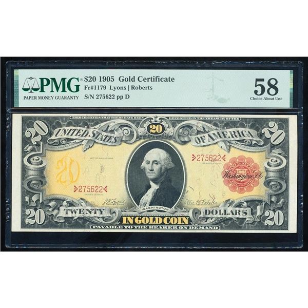 1905 $20 Technicolor Gold Certificate PMG 58