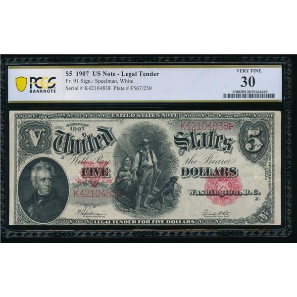 1907 $5 Legal Tender Note PCGS 30