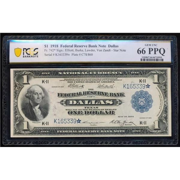 1918 $1 STAR Dallas FRBN PCGS 66PPQ