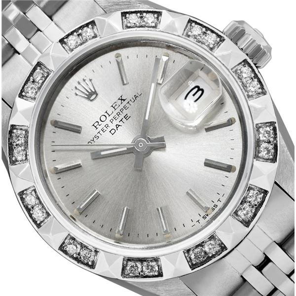 Rolex Ladies Stainless Steel Pyramid Diamond Bezel Date Watch