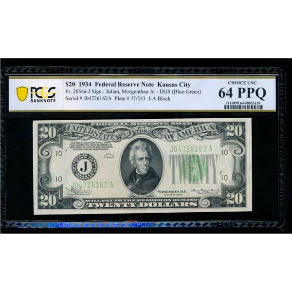 1934 $20 Kansas City FRN PCGS 64PPQ
