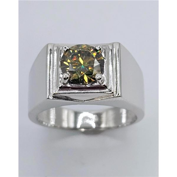 14 Kt White Gold Plate 2.35 Ct Amber Green Fire Moissanite Ring