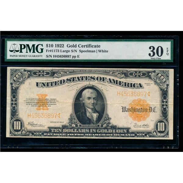 1922 $10 Gold Certificate PMG 30EPQ
