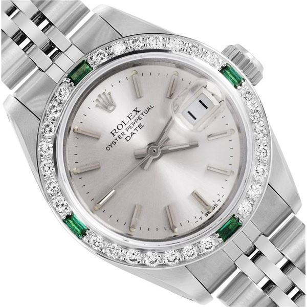 Rolex Ladies Stainless Steel Emerald And Diamond Bezel Date Watch