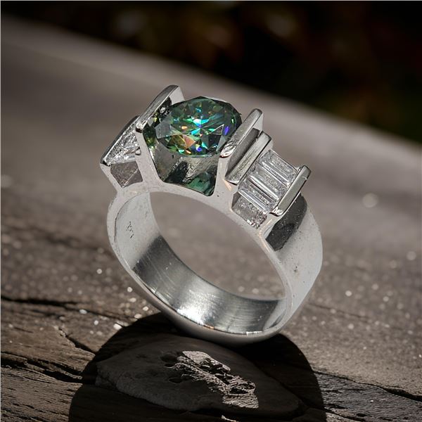 14 Kt White Gold Plated 3.25ct Paraiba Green Fire Moissanite Ring