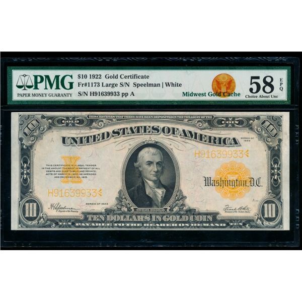 1922 $10 Gold Certificate PMG 58EPQ