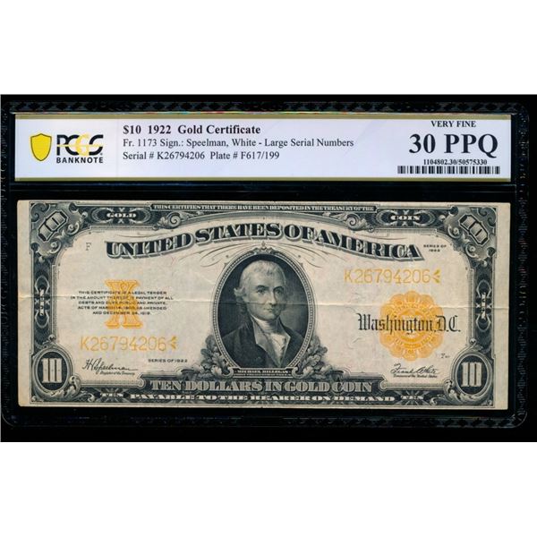 1922 $10 Gold Certificate PCGS 30PPQ