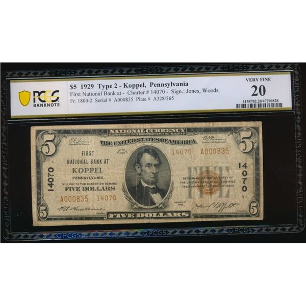 1929 $5 Koppel PA National PCGS 20
