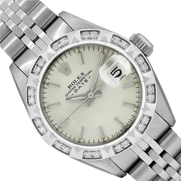 Rolex Ladies Stainless Steel Pyramid Diamond Bezel Date Watch