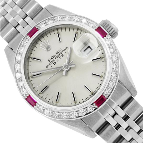 Rolex Ladies Stainless Steel Ruby And Diamond Bezel Date Watch