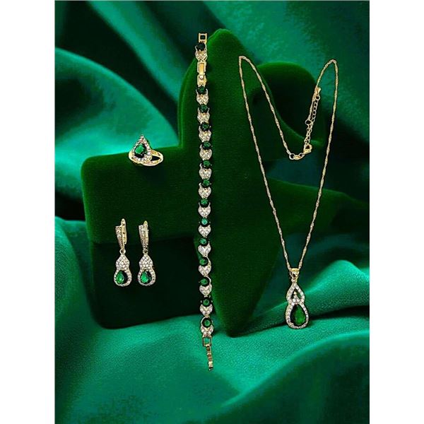 18 Kt Yellow Gold Plate 4 Piece Simulated Emerald Jewelry Set