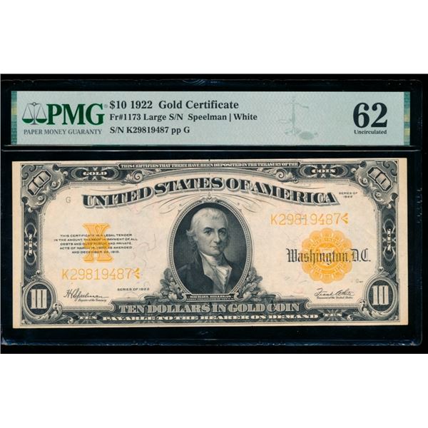 1922 $10 Gold Certificate PMG 62