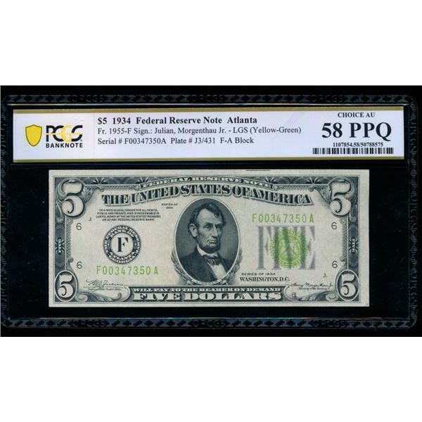 1934 $5 Atlanta FRN PCGS 58PPQ
