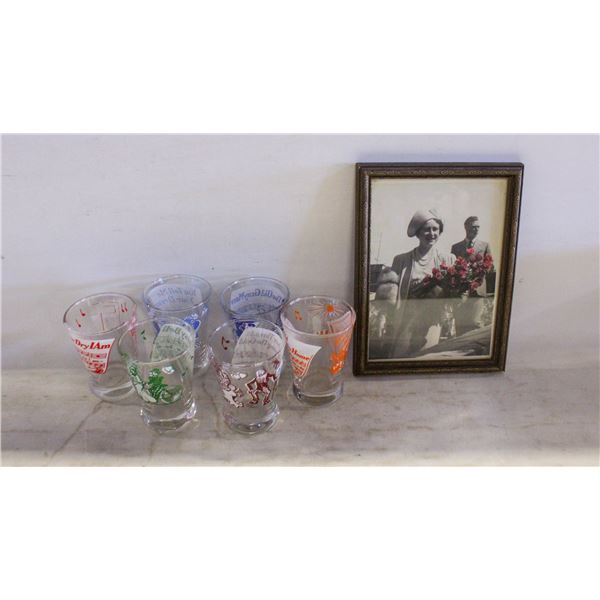 6 SHOT GLASSES + QUEEN ELIZABETH 1940S