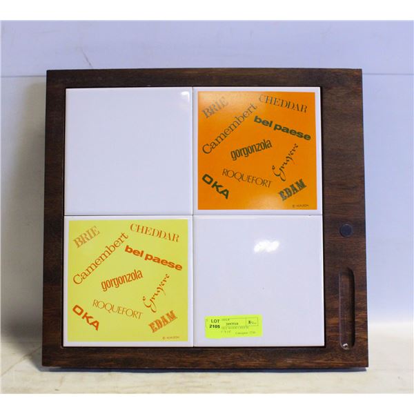VINTAGE TILE/WOOD CHEESE BOARD- 15" X 14"