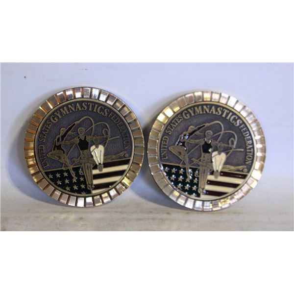 1984 BRASS/ENAMEL GYMNASTICS COASTERS (2)