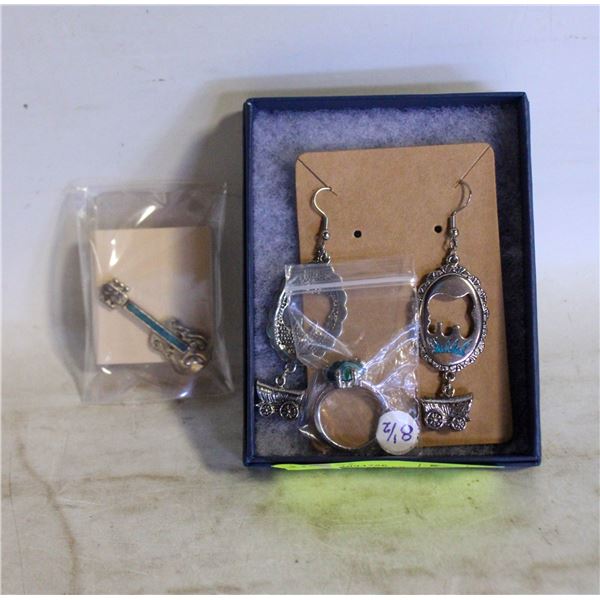 SW TURQUOISE & SILVER EARRINGS, RING & PIN