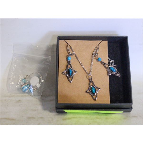 NECKLACE, EARRINGS & RING BLUE+ SILVER
