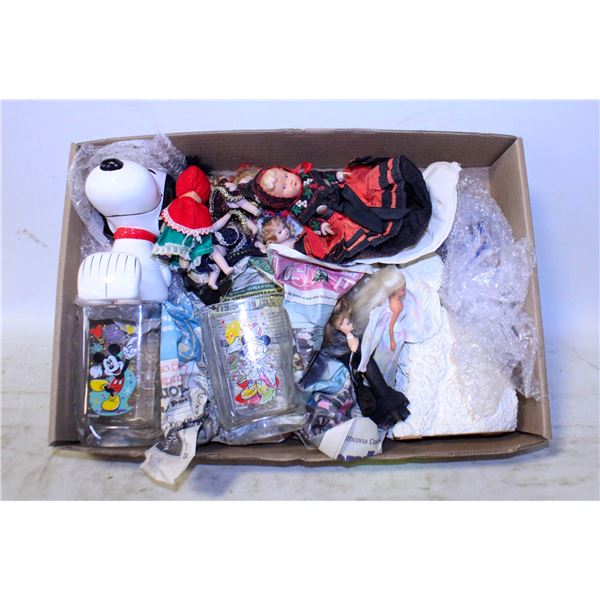 FLAT OF VINTAGE DOLLS, DOGS, DISNEY