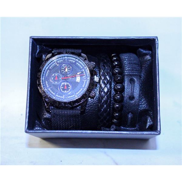 BLACK WATCH & BRACELETS (3) SET