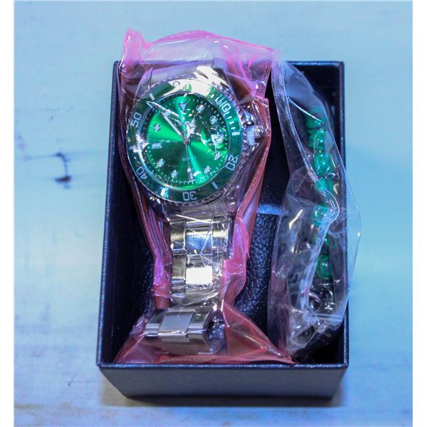 GREEN & BLACK WATCH & BRACELET SET