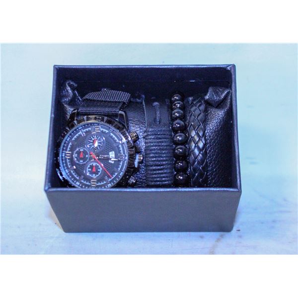 BLACK WATCH & BRACELETS (3) SET