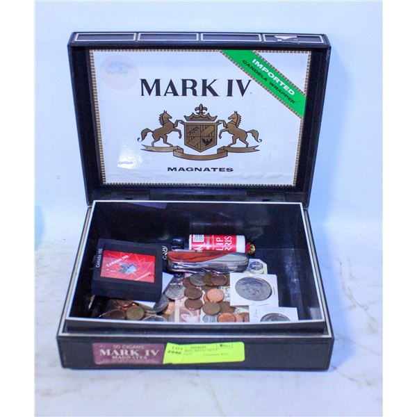 BOX OF COINS, BILLS, .02 CT DIAMOND ETC