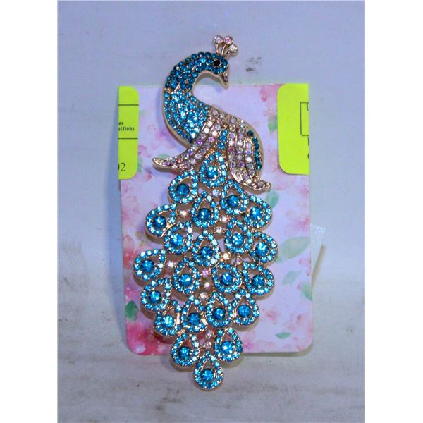 LARGE PEACOCK BROOCH BLUE GEMSTONES 4”