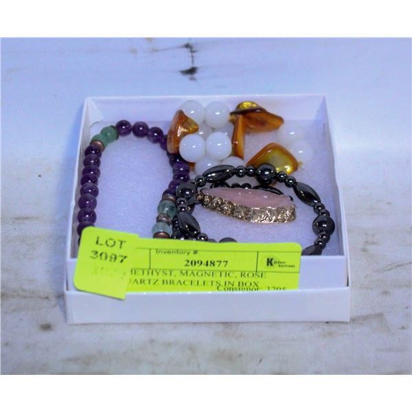 AMETHYST, MAGNETIC, ROSE QUARTZ BRACELETS IN BOX