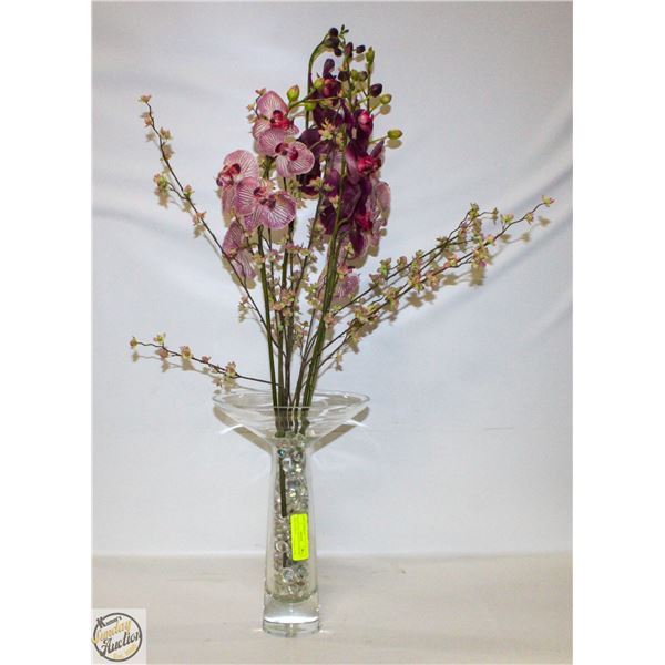 GLASS VASE- 38" W/ FAUX ORCHID ARRANGEMENT