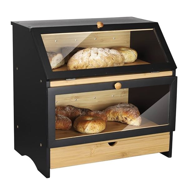 BRAND NEW BAMBOO LARGER TWO-LAYER BREAD BOX BLACK